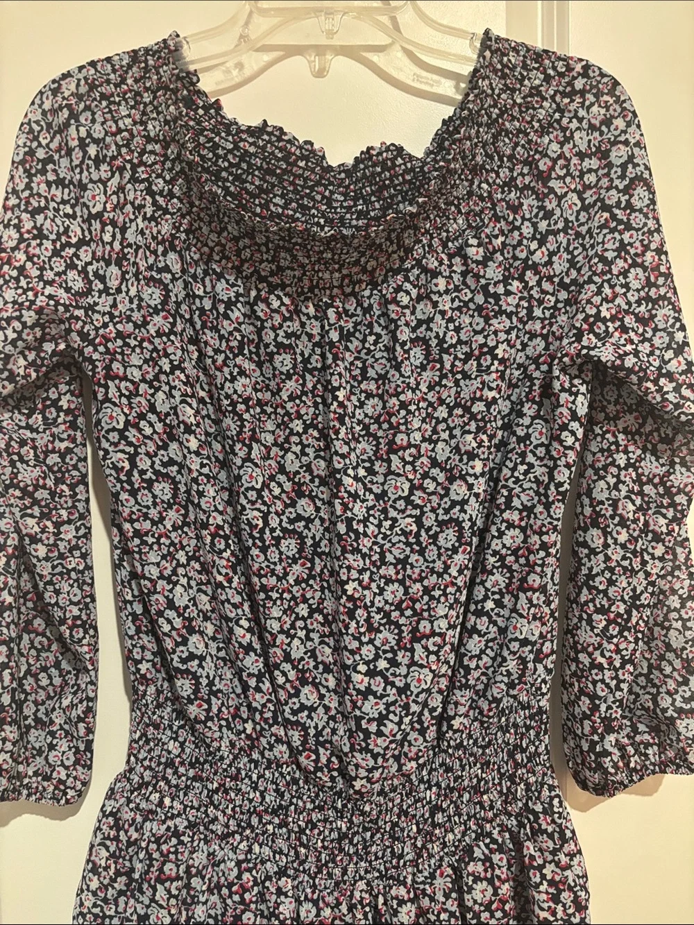 Michael Kors Black Smocked Off-Shoulder Floral  Dress